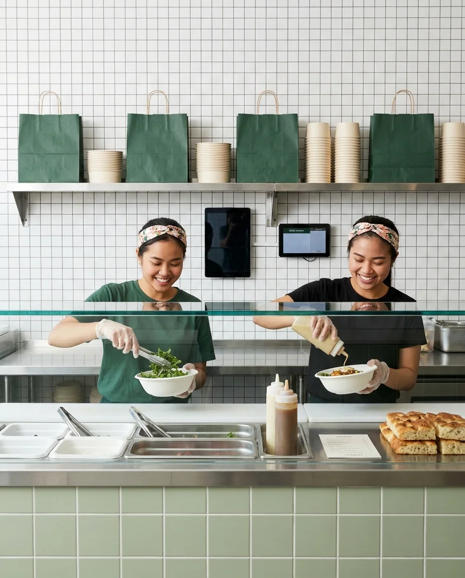 Two bohly. team members building bowls behind the make-line counter, green takeaway bags on the shelf above